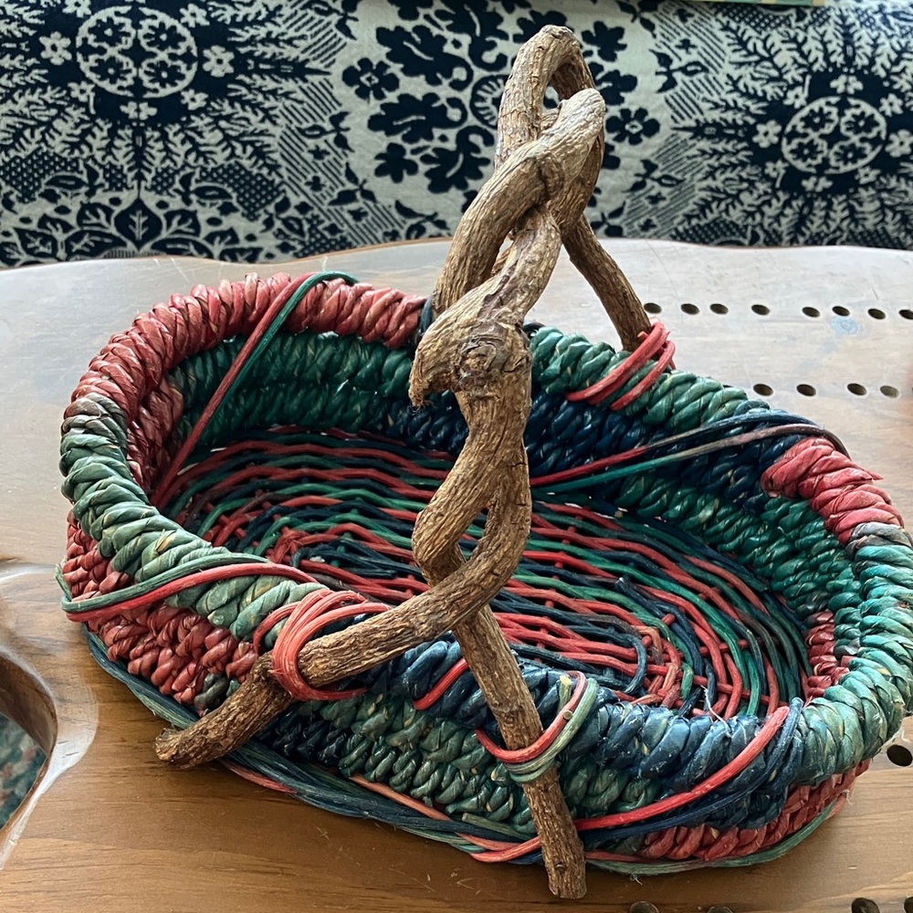Vintage Rustic Colorful Woven Wrapped Basket with natural twist Handle